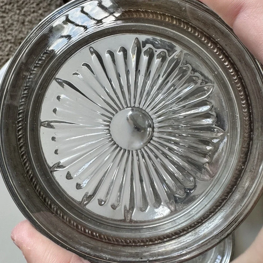 4 Vintage Leonard Old Crystal Glass Drink Coasters Made In Italy Silver Plated